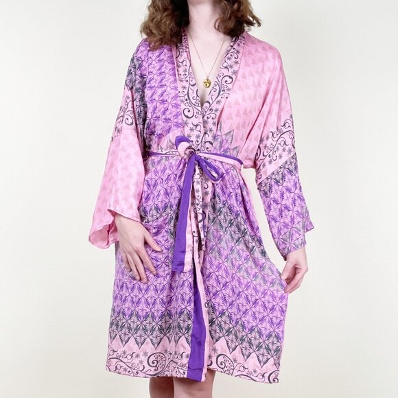 100% Silk Robe Kimono Duster Jacket Coat Cardigan Boho Hippie Bohemian Lounge - Picture 1 of 5